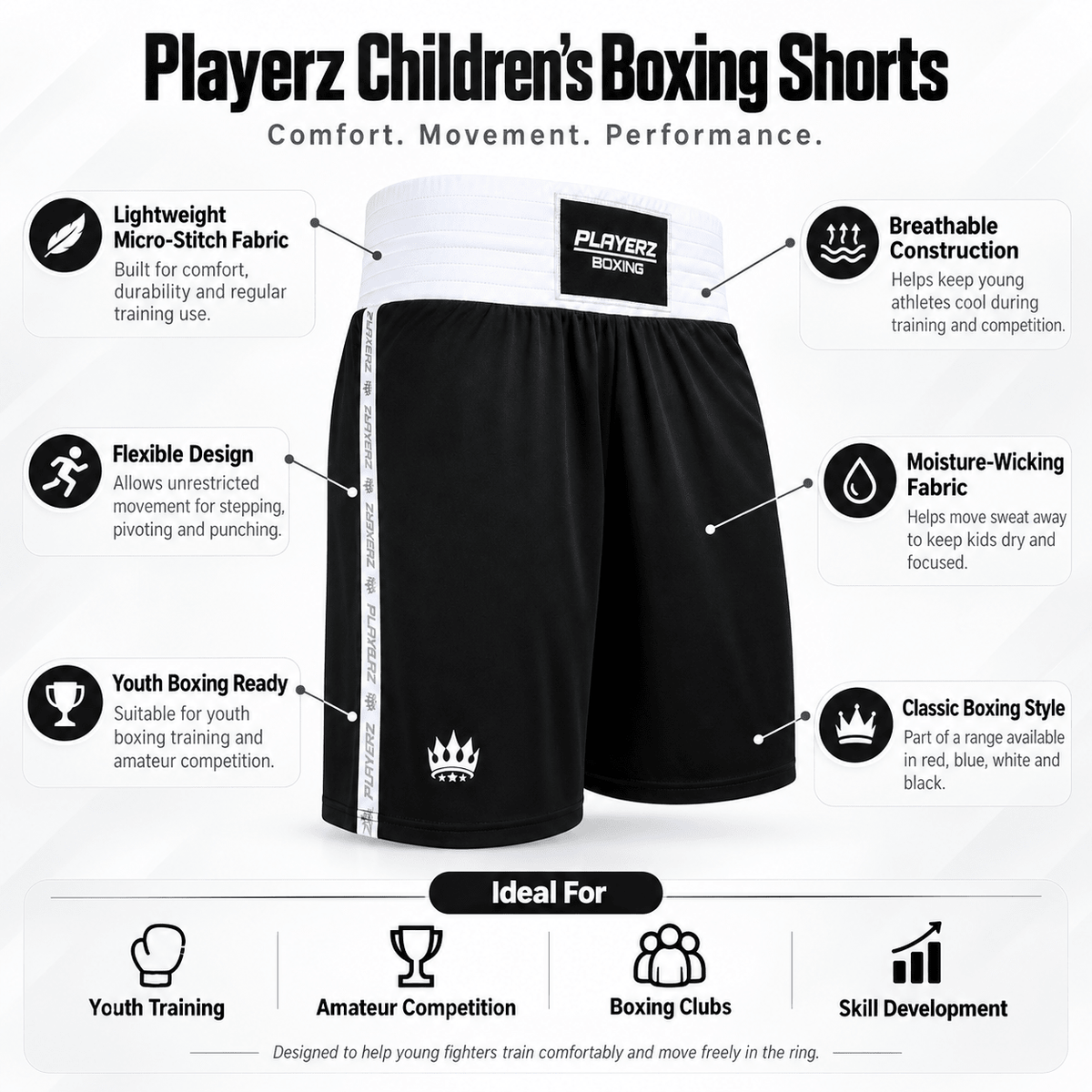 Kids boxing shorts in black with white waistband and side stripe, featuring crown logo