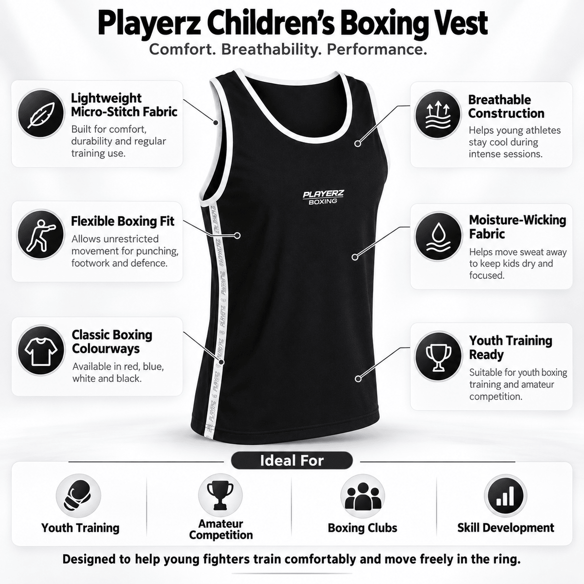 Black kids boxing vest on infographic with breathable and flexible feature icons