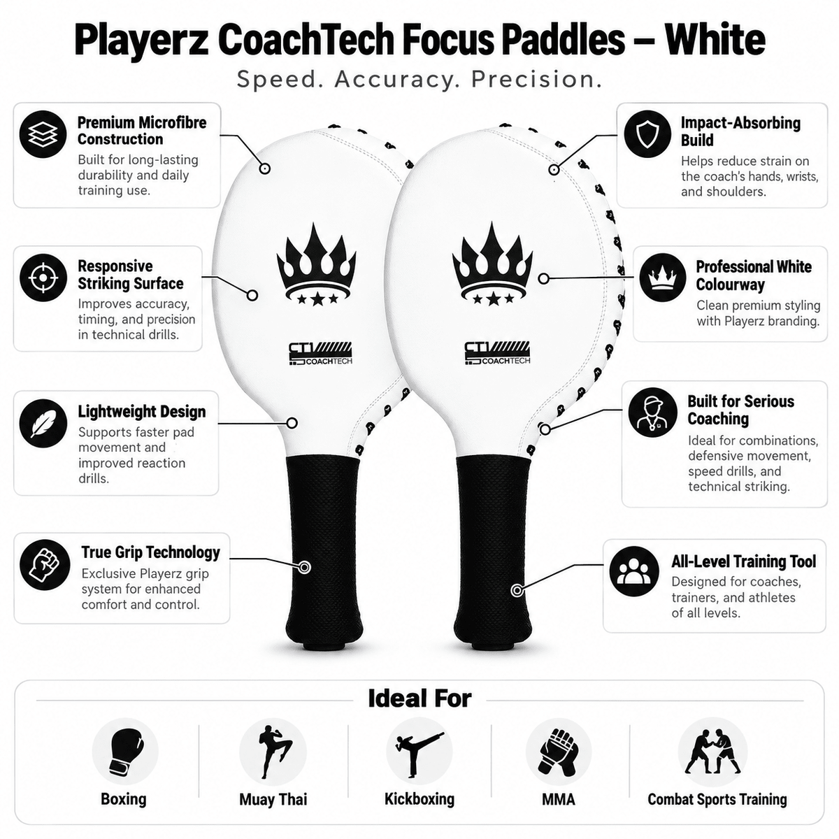 Pair of white focus paddles with crown logo and black handles