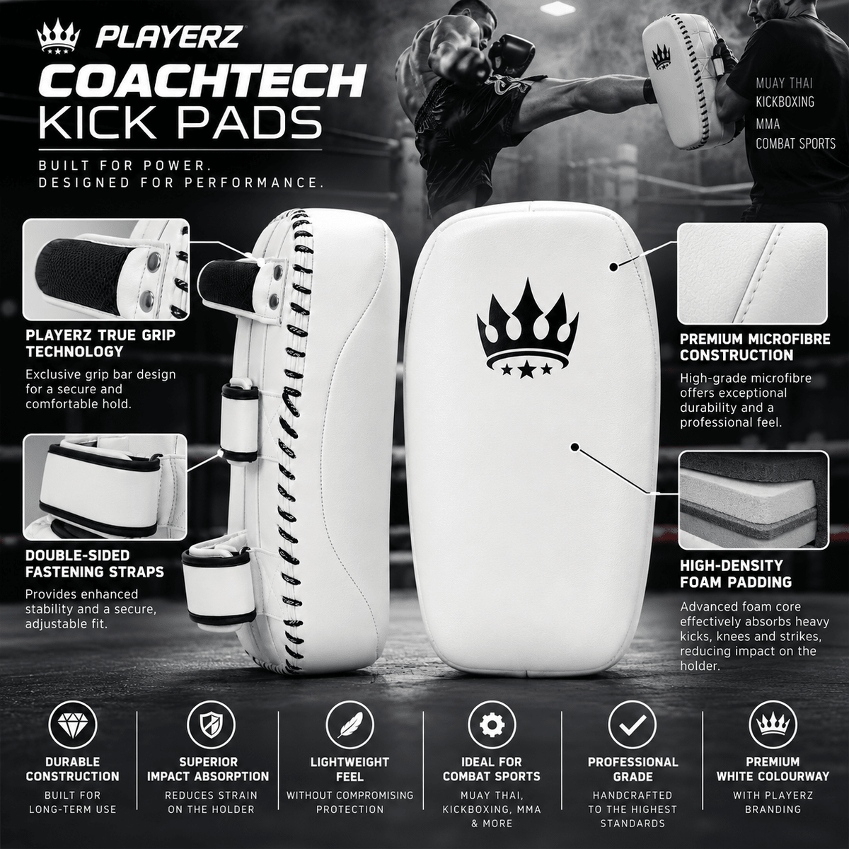 Playerz CoachTech kick pads promotional graphic with crown logo and strap details