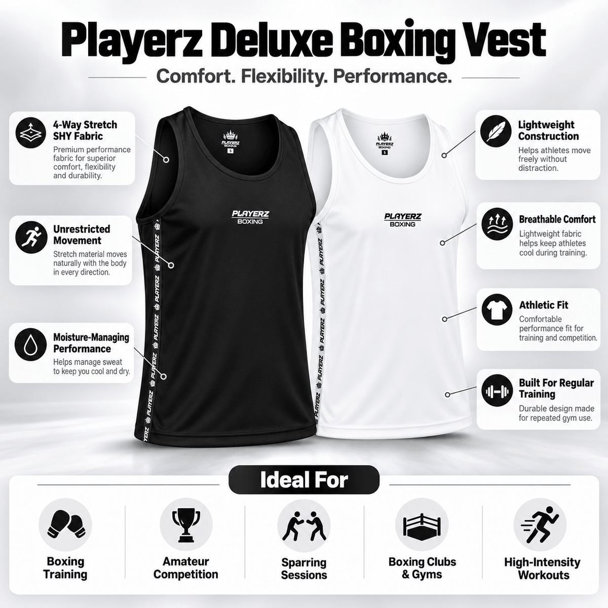 Sleeveless Playerz Boxing vest set in black and white for training