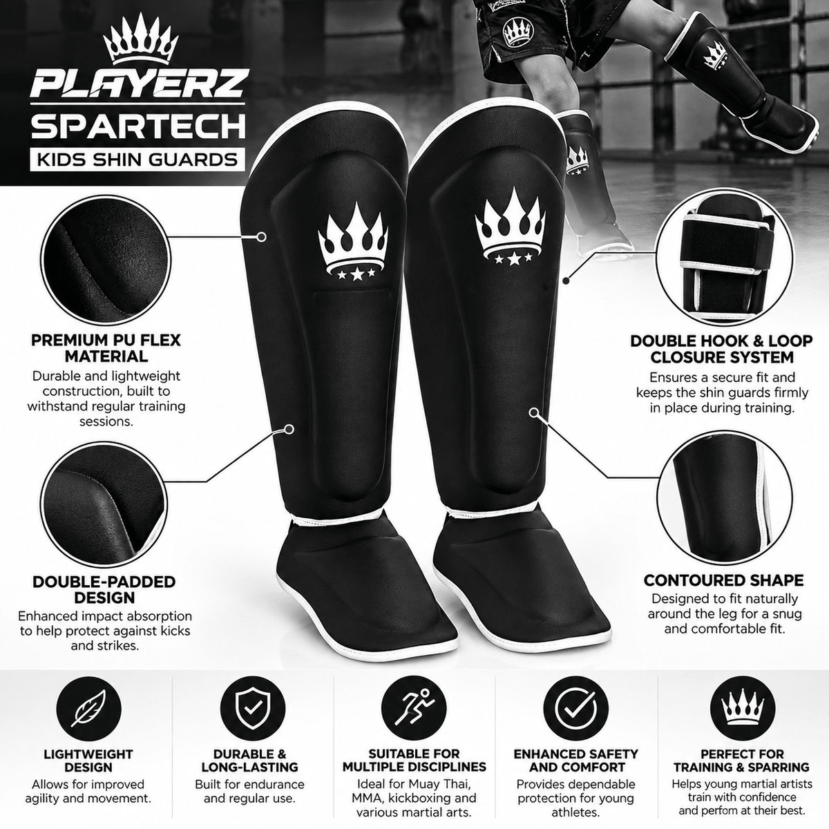 Playerz Kids SparTech Shin Guard - White - Playerz Boxing