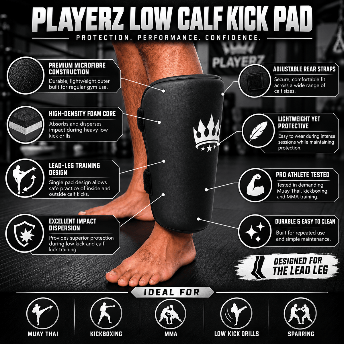Black low calf kick pad with crown logo shown with training feature callouts