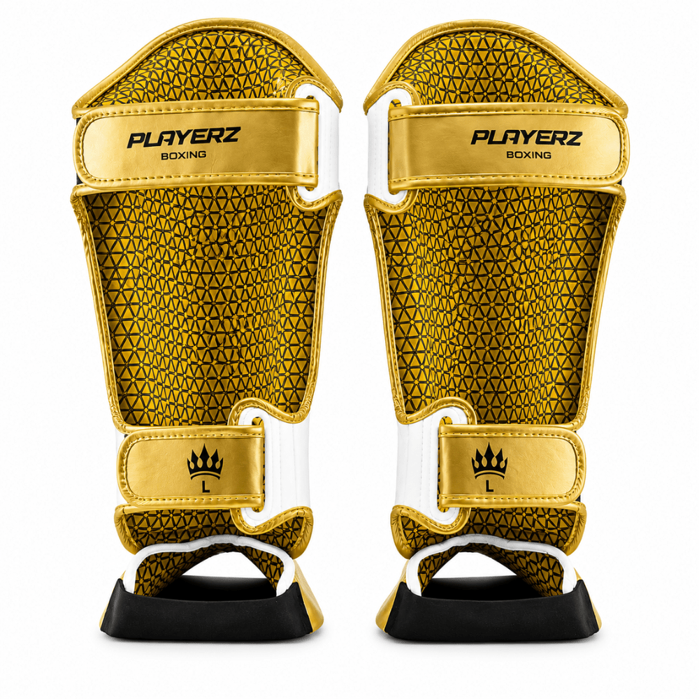 Playerz Power Shin Guards - White/Gold - Playerz Boxing