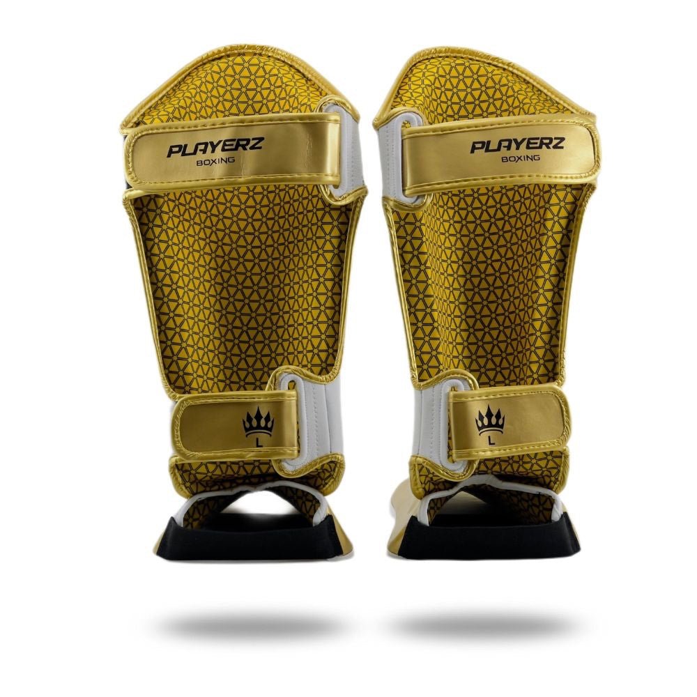 Playerz Power Shin Guards - White/Gold - Playerz Boxing