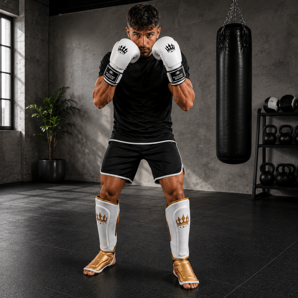 Playerz Power Shin Guards - White/Gold - Playerz Boxing