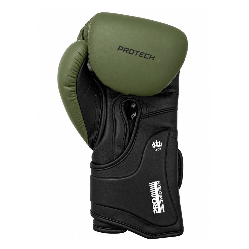 ProTech boxing glove with olive-green padded back and black palm, PROTECH logo