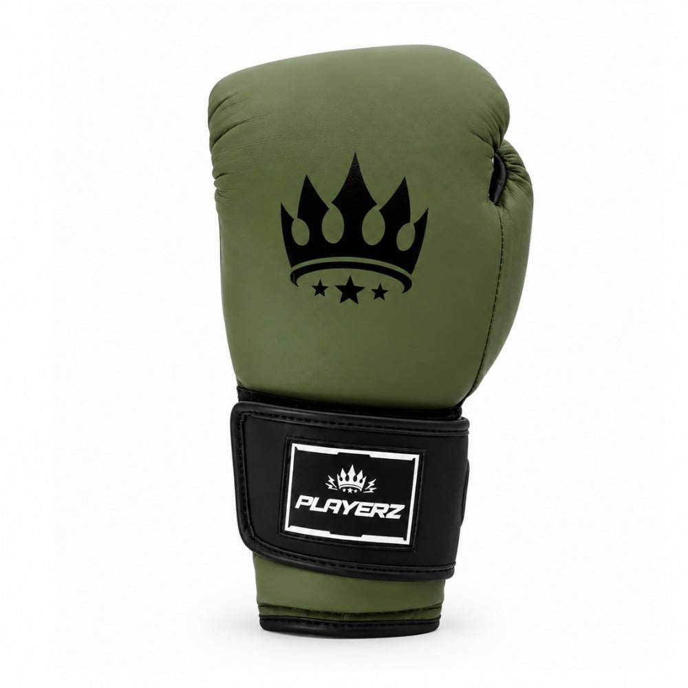 ProTech boxing glove with olive-green back crown logo and black wrist wrap
