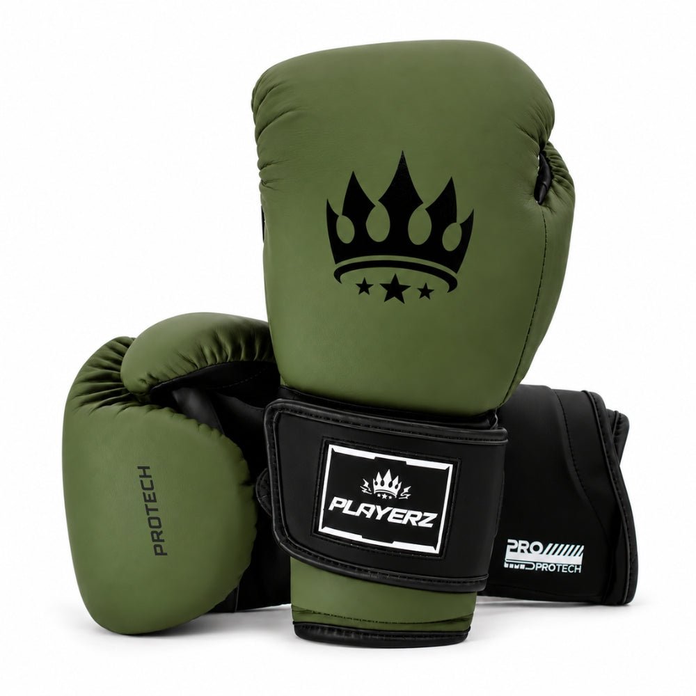 ProTech boxing gloves with olive padded back crown logo and black wrist strap