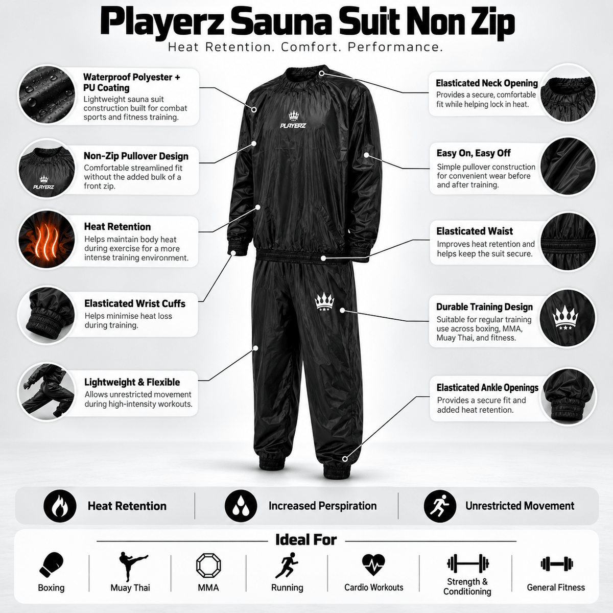 Black sauna suit set with pullover jacket and elastic-waist pants