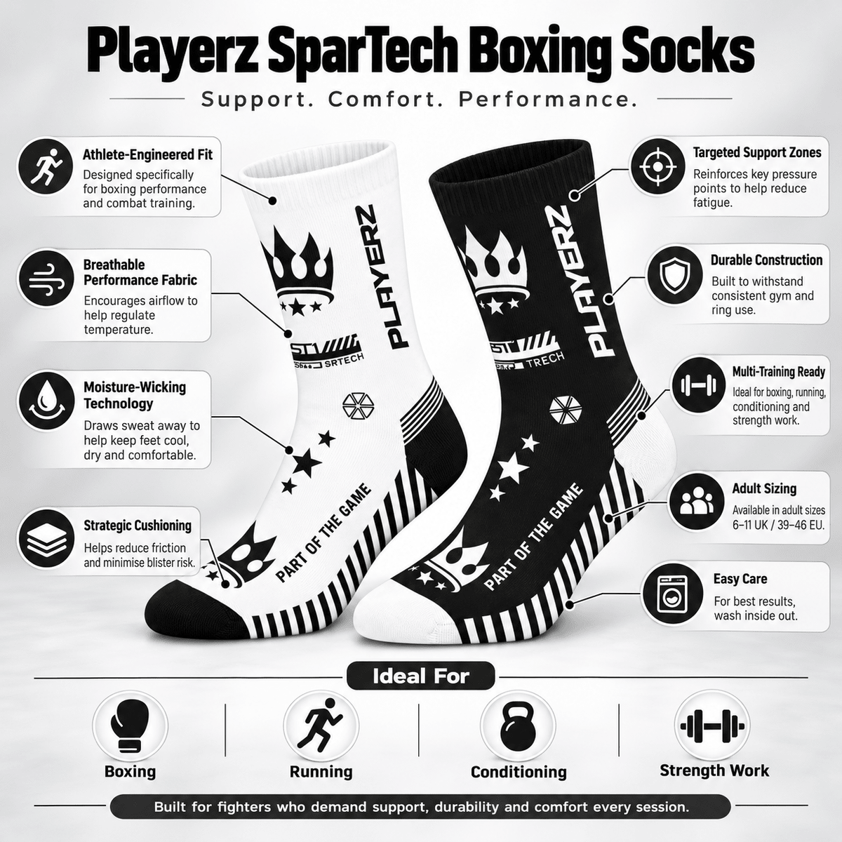 Two-pack crew boxing socks with bold crown and flame graphics, black and white colors