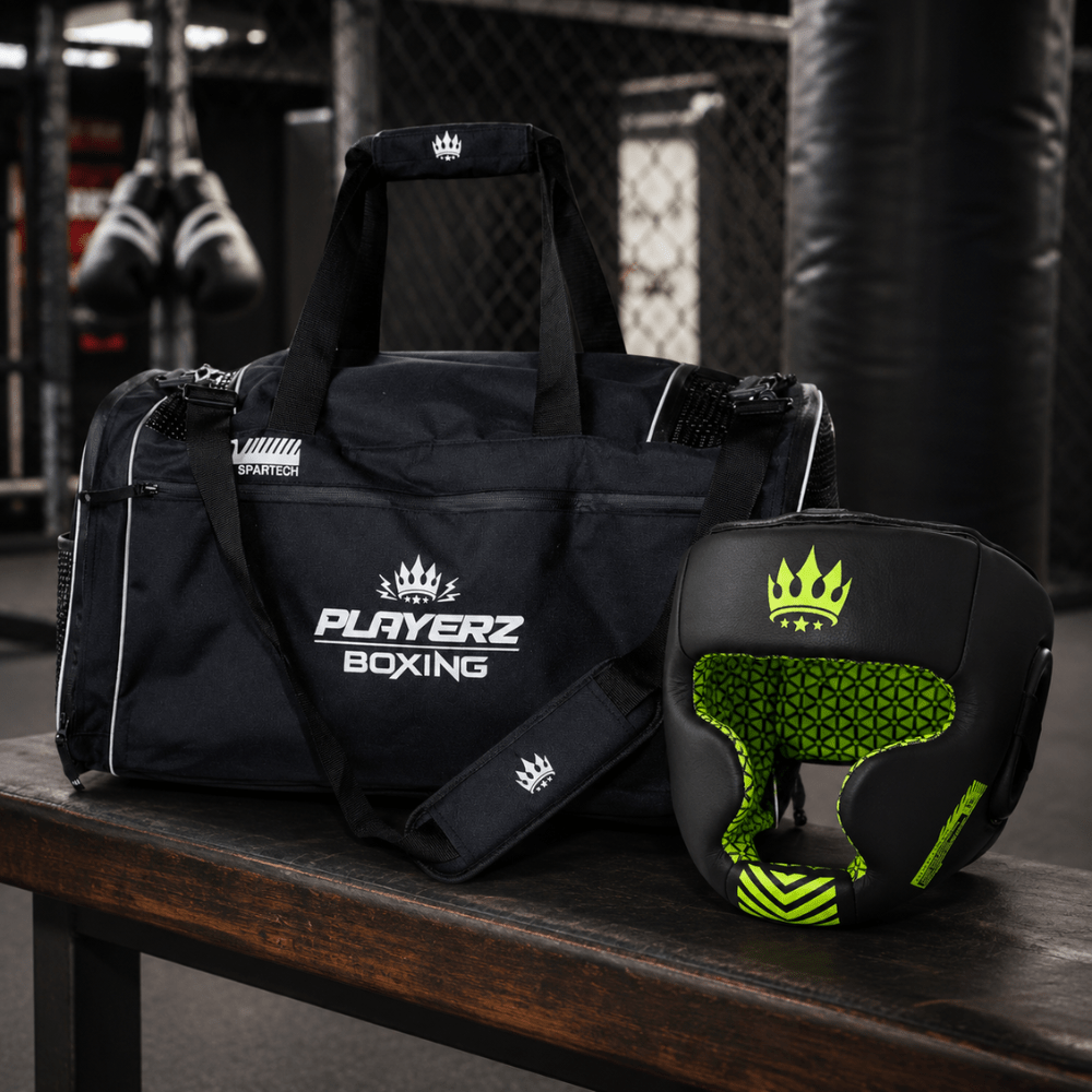 Black SparTech holdall with front logo and side pocket; includes green glove storage pouch.