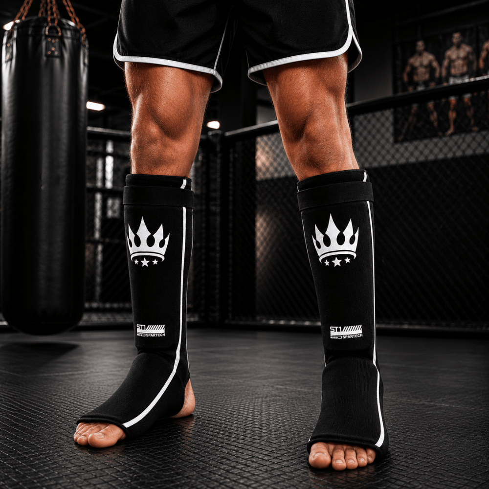 Playerz Spartech Lightweight Cotton Shin Guards - Black/White - Adult & Kids - Playerz Boxing