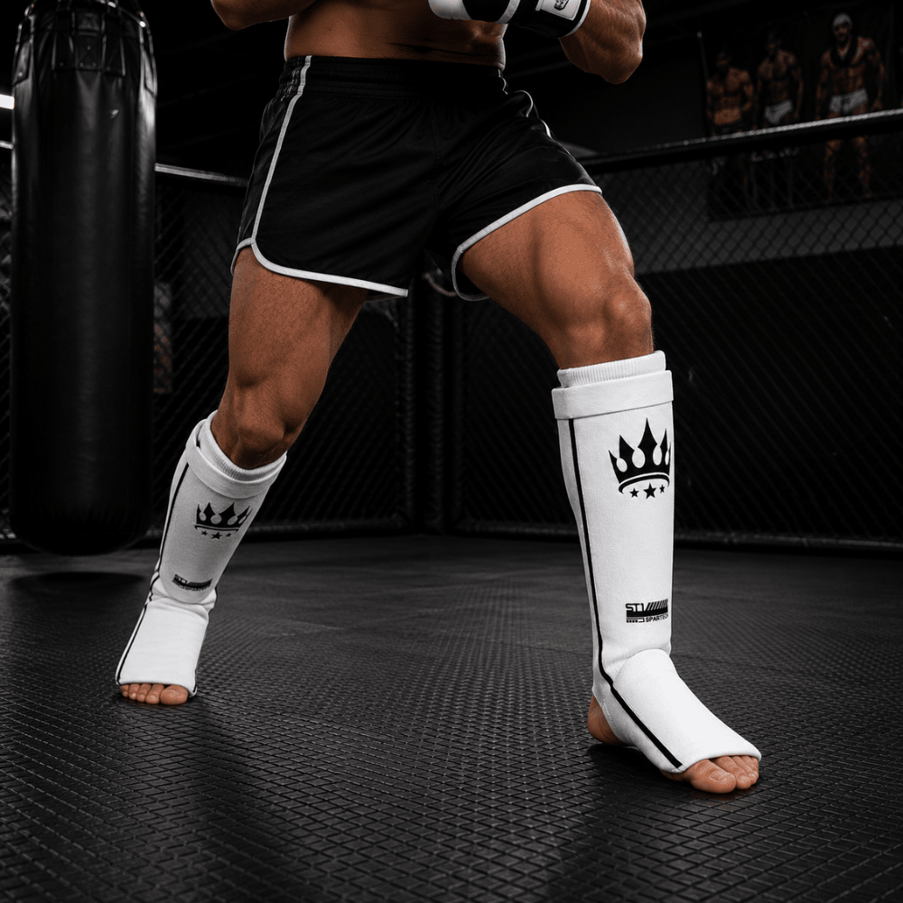 Playerz Spartech Lightweight Cotton Shin Guards - White/Black - Adult & Kids - Playerz Boxing